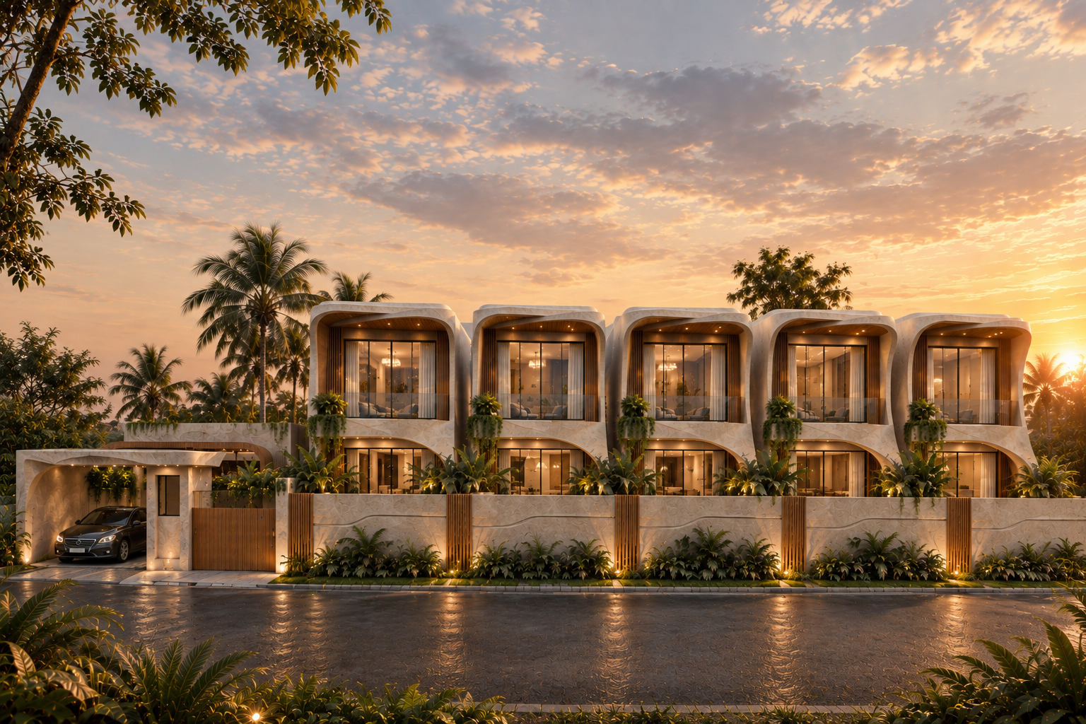 The Seseh Atelier villas at sunset