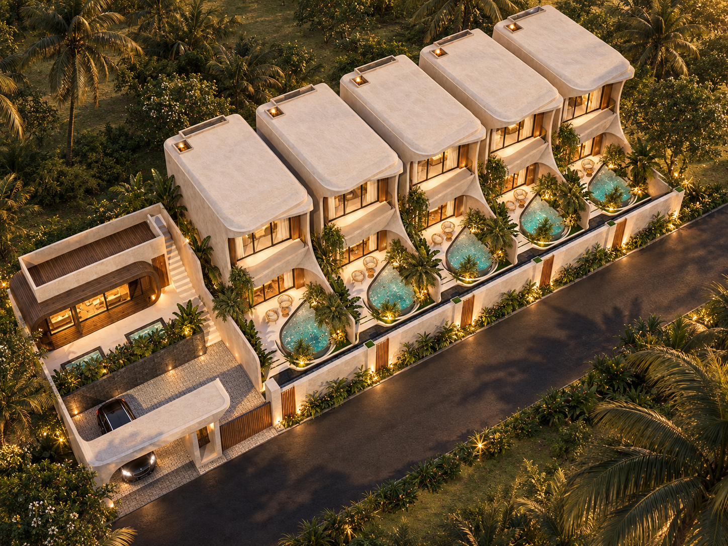 Exterior at sunset, view 2