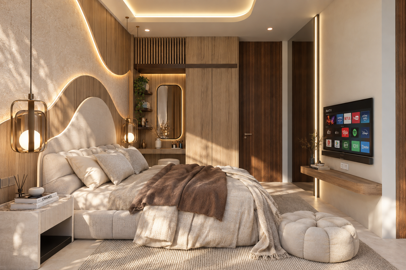 Bedroom seating and media area